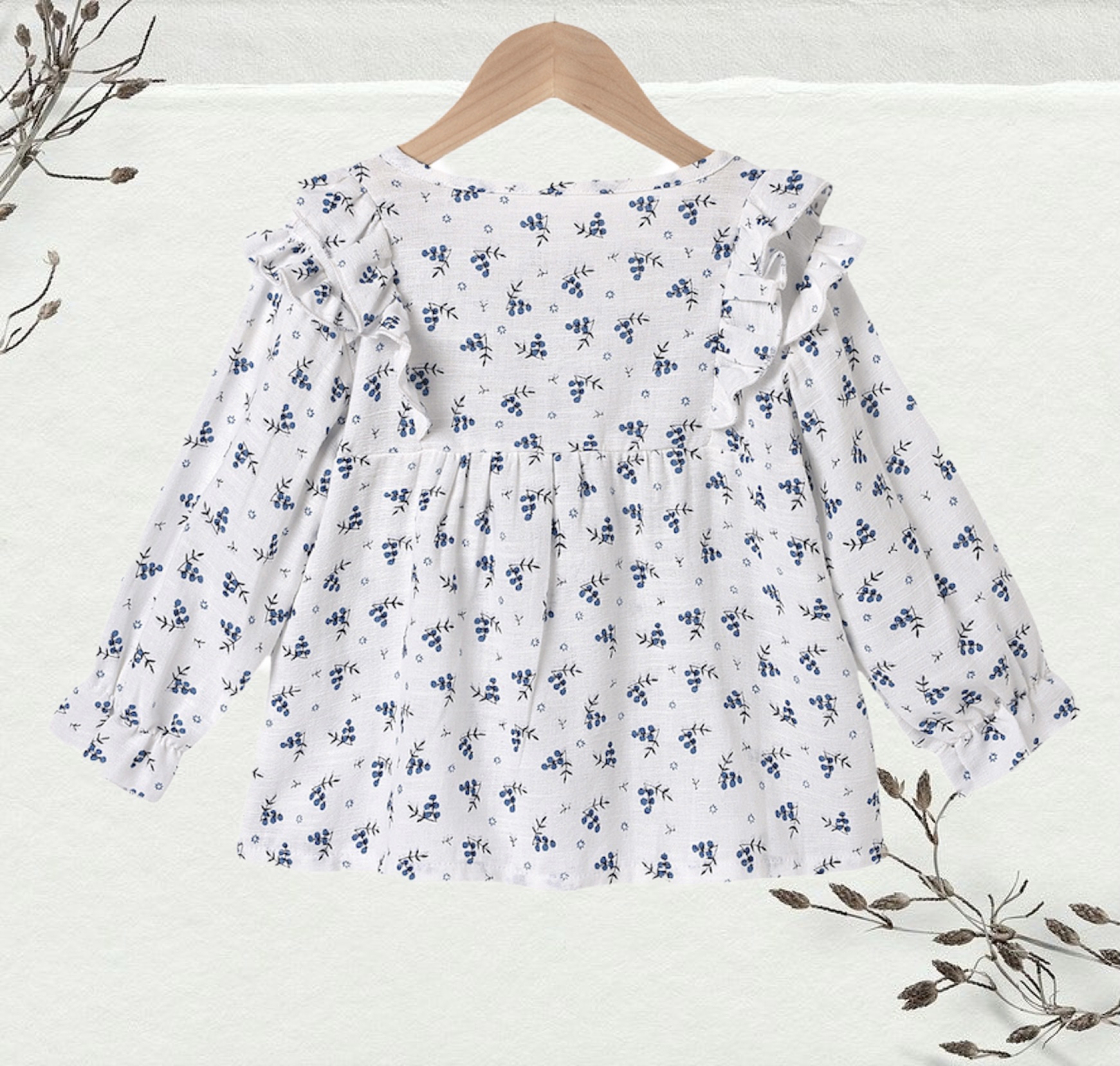 BLOUSE WITH RUFFLE COLLAR FOR GIRLS - FLOWER PRINT - WHITE / BLUE